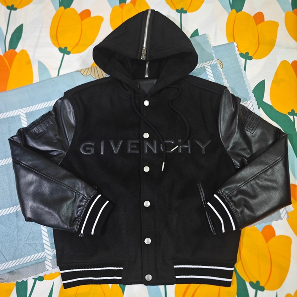 Givenchy Black Hooded Varsity Jacket with Leather Sleeves